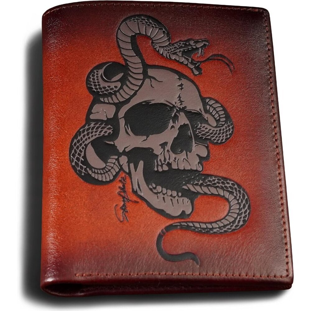 Men's Brown Bi Fold,skull Vertical,rfid Blocking Retro Skull Wallet Leather